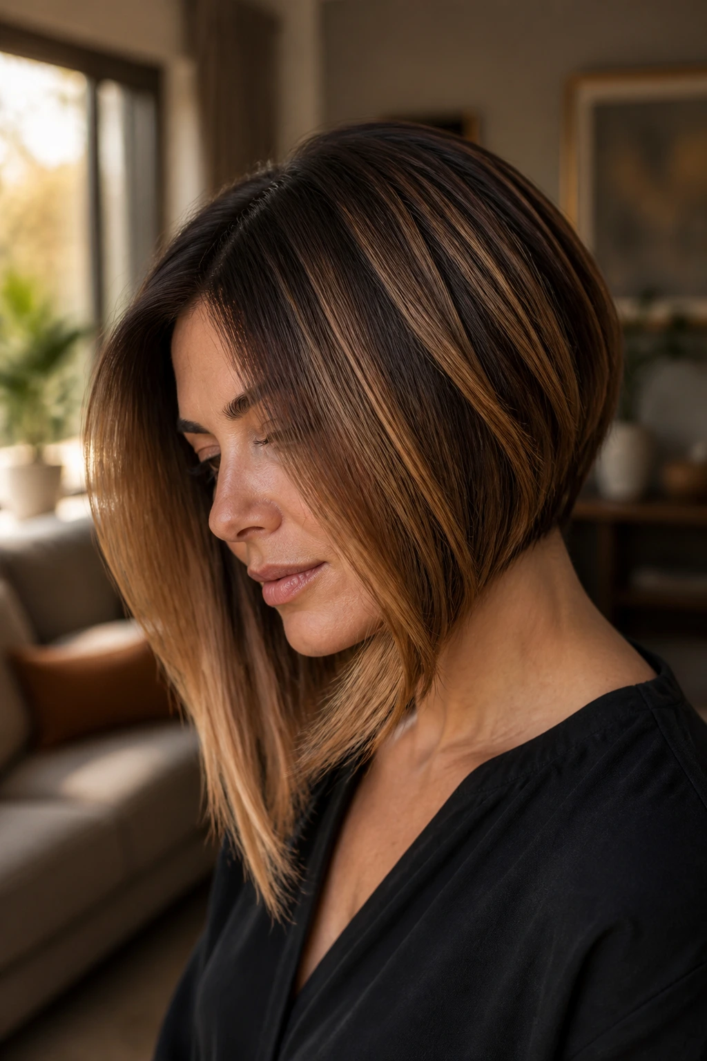Close-up portrait of a real woman with angled bob and chestnut cinnamon balayage in warm window light