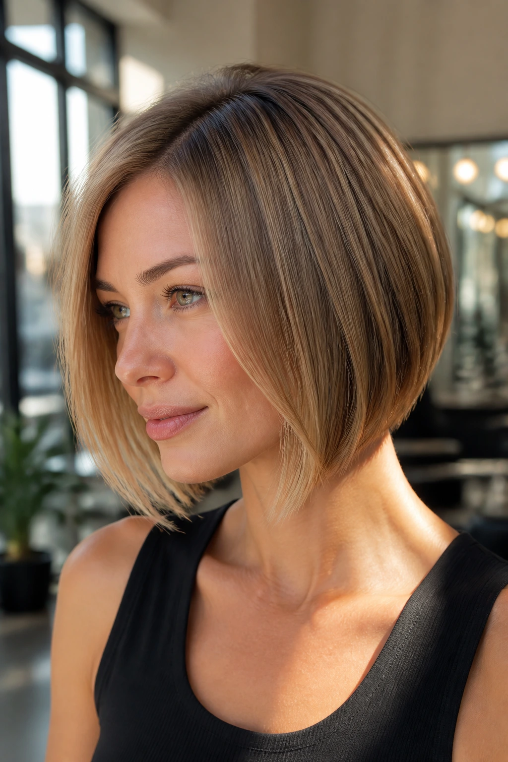 Close-up portrait of a real woman with a softly angled bob showing lift at the crown