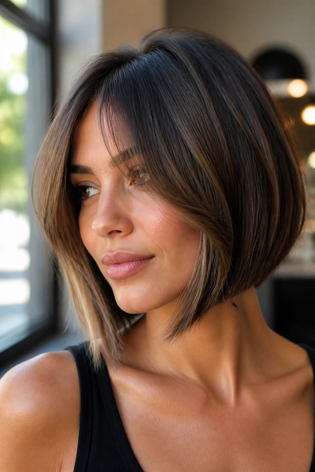 Close-up of a woman with angled bob and curtain bangs in a sunlit salon