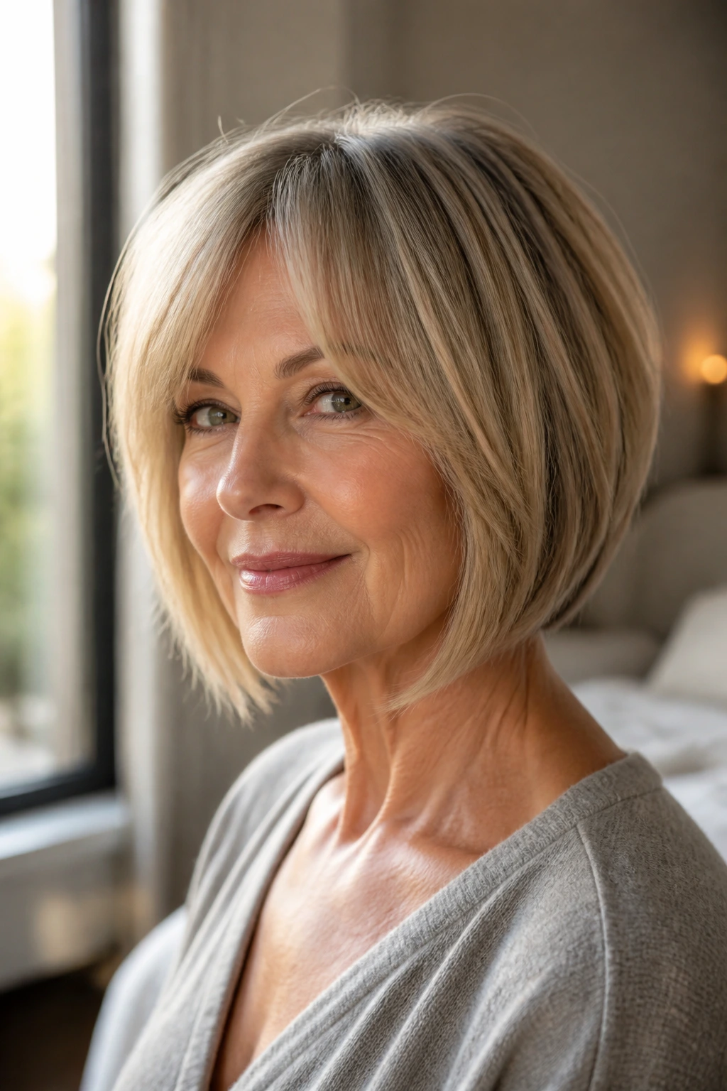 Close-up of a real woman with angled bob and curtain bangs in warm window light