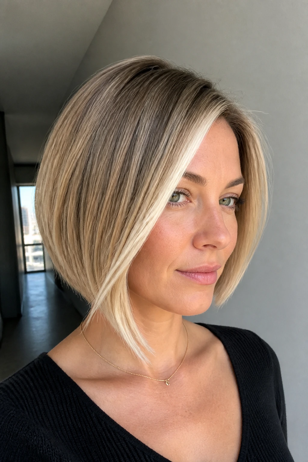 Close-up of a real woman with an angled bob and diagonal money piece