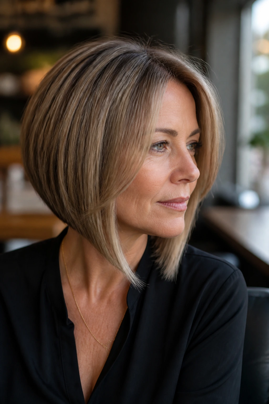 Close-up of angled bob with face-framing pieces on a real woman.