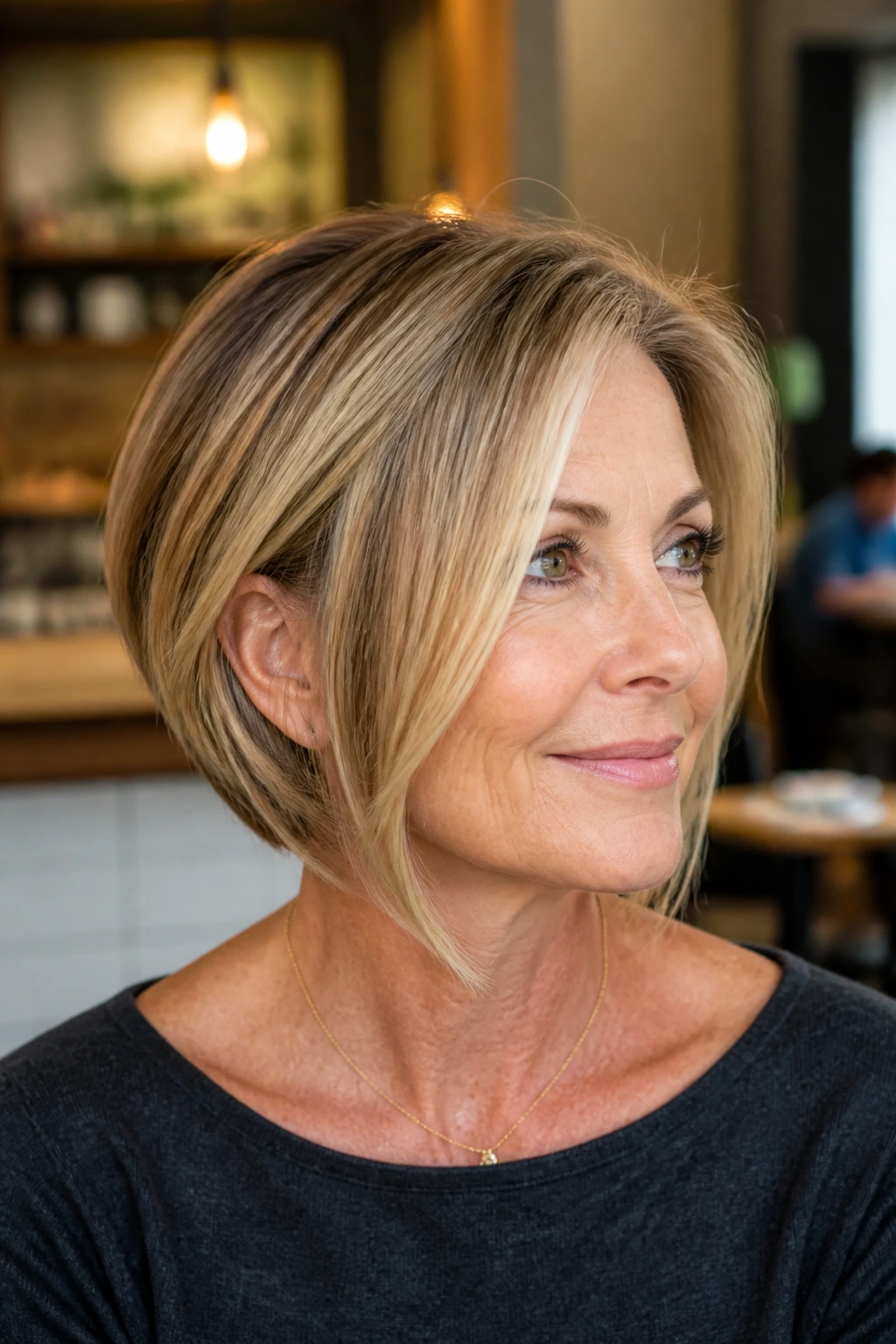 Close-up of a real woman with an angled bob and face-framing pieces, in warm cafe lighting.