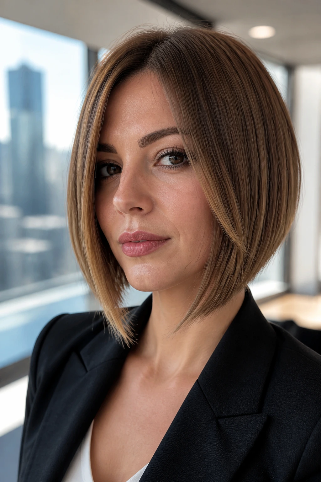Portrait of a real woman with angled bob and face-framing sides