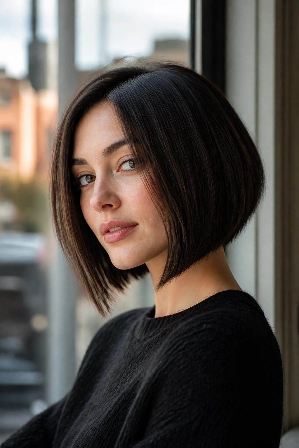 Close-up of a real woman with angled bob and forward line highlighting profile