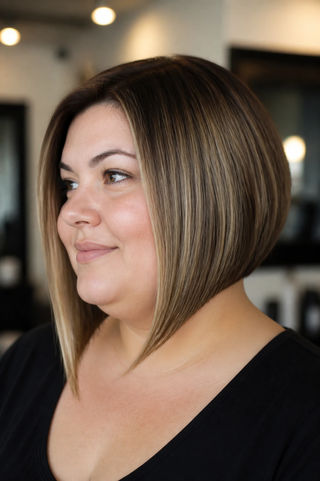 Portrait of a person with angled forward-slant bob