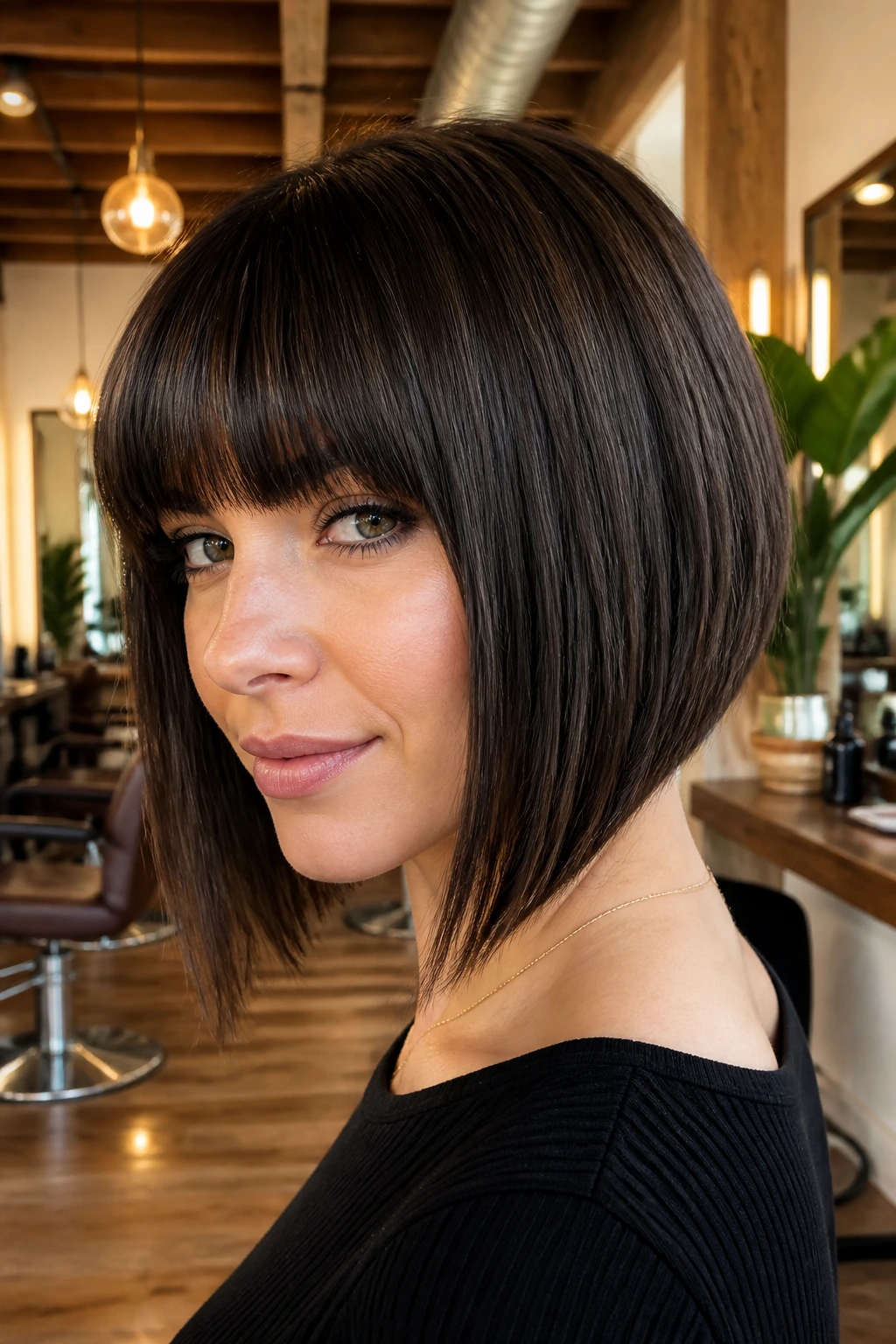 Close-up of a woman with angled bob and full bangs in a well-lit salon