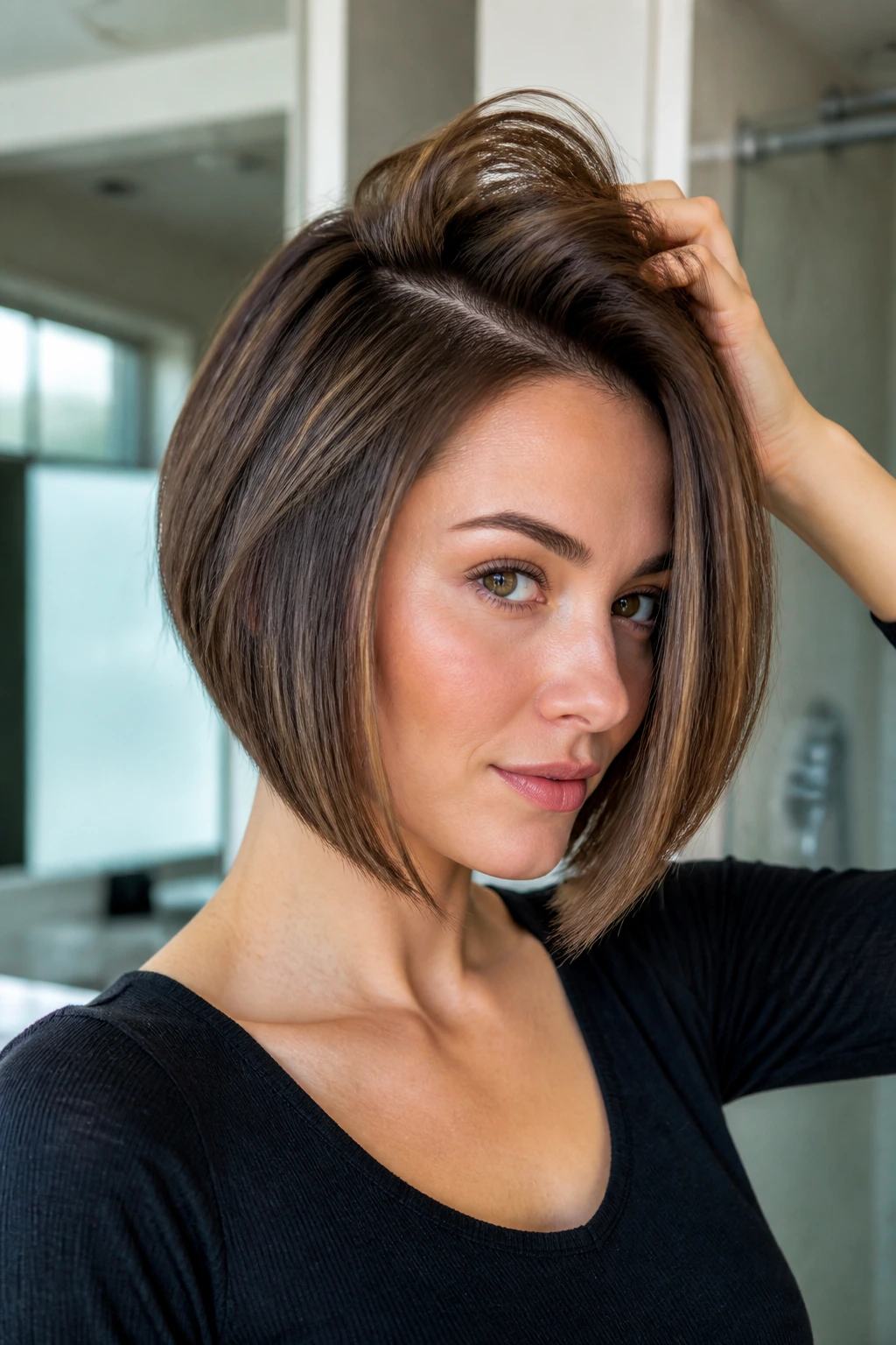 Close-up of real woman with angled bob showing crown lift and clean diagonal line