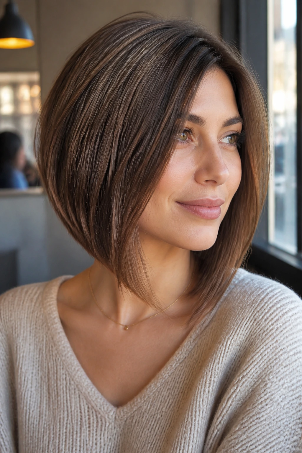 Portrait of a person with an angled bob, front pieces framing the face, warm daylight in a cafe setting.