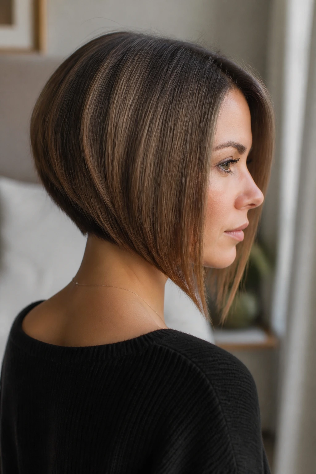 Close-up portrait of a real woman with an angled bob featuring a hidden undercut