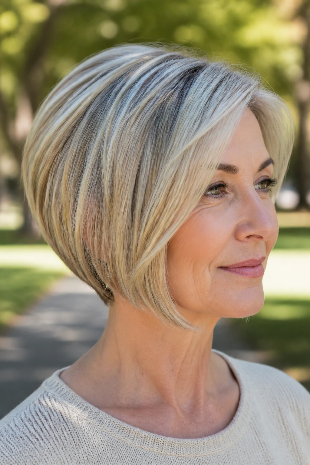 Close-up of a real woman with angled bob and lift at the back hairstyle