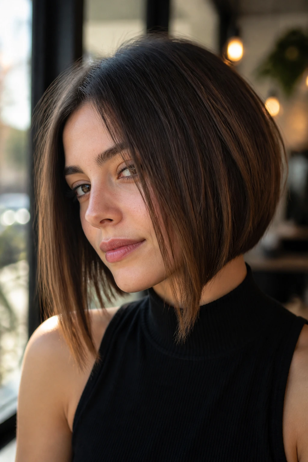 Portrait of a person with angled bob and long front pieces.