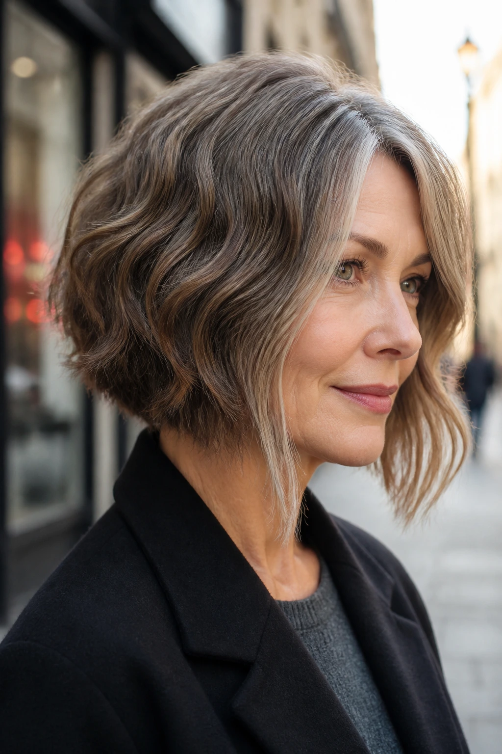 Close-up of a woman with an angled bob and long front pieces