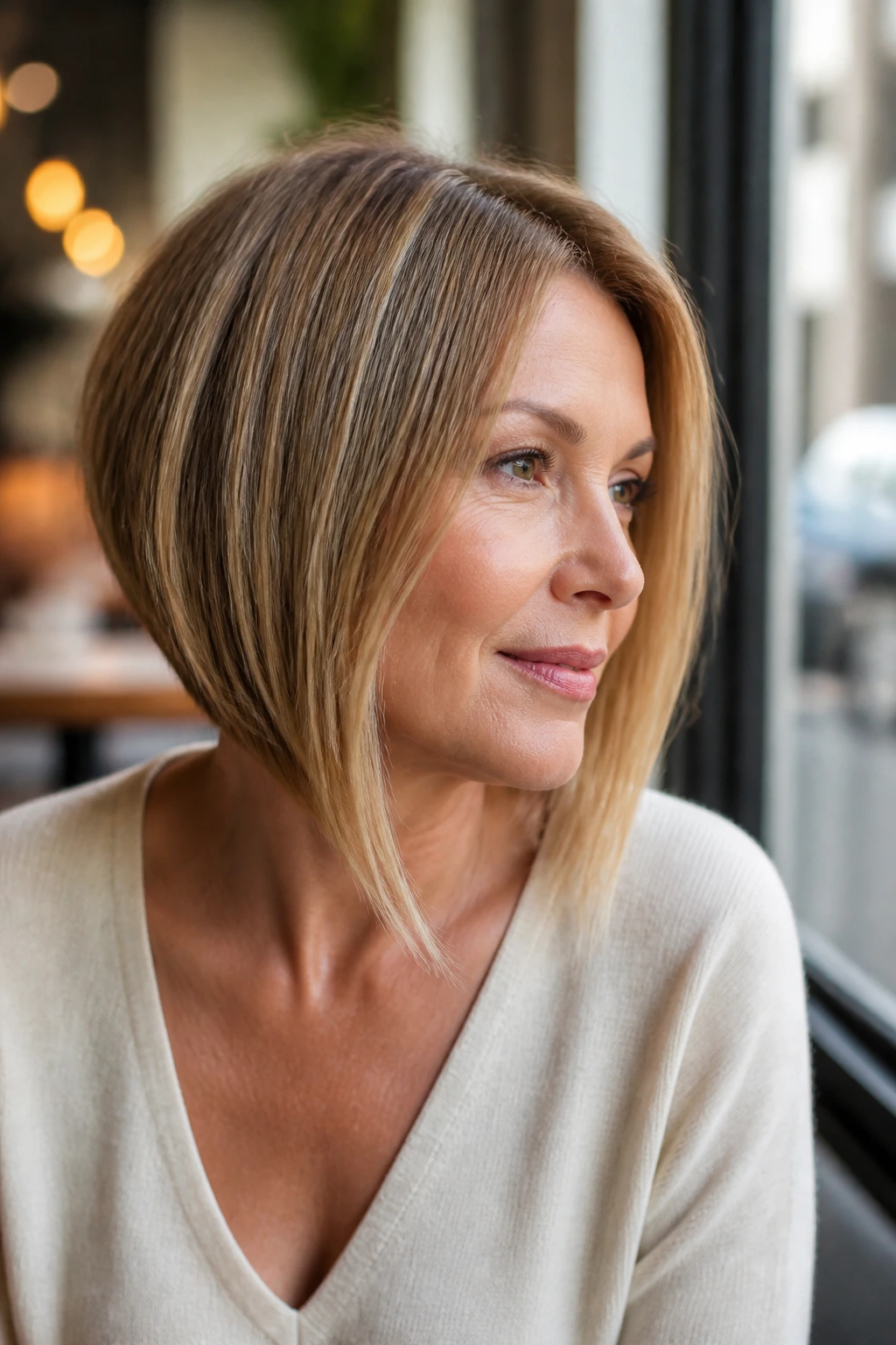 Close-up of a real woman with an angled bob and longer front pieces in a cafe setting.