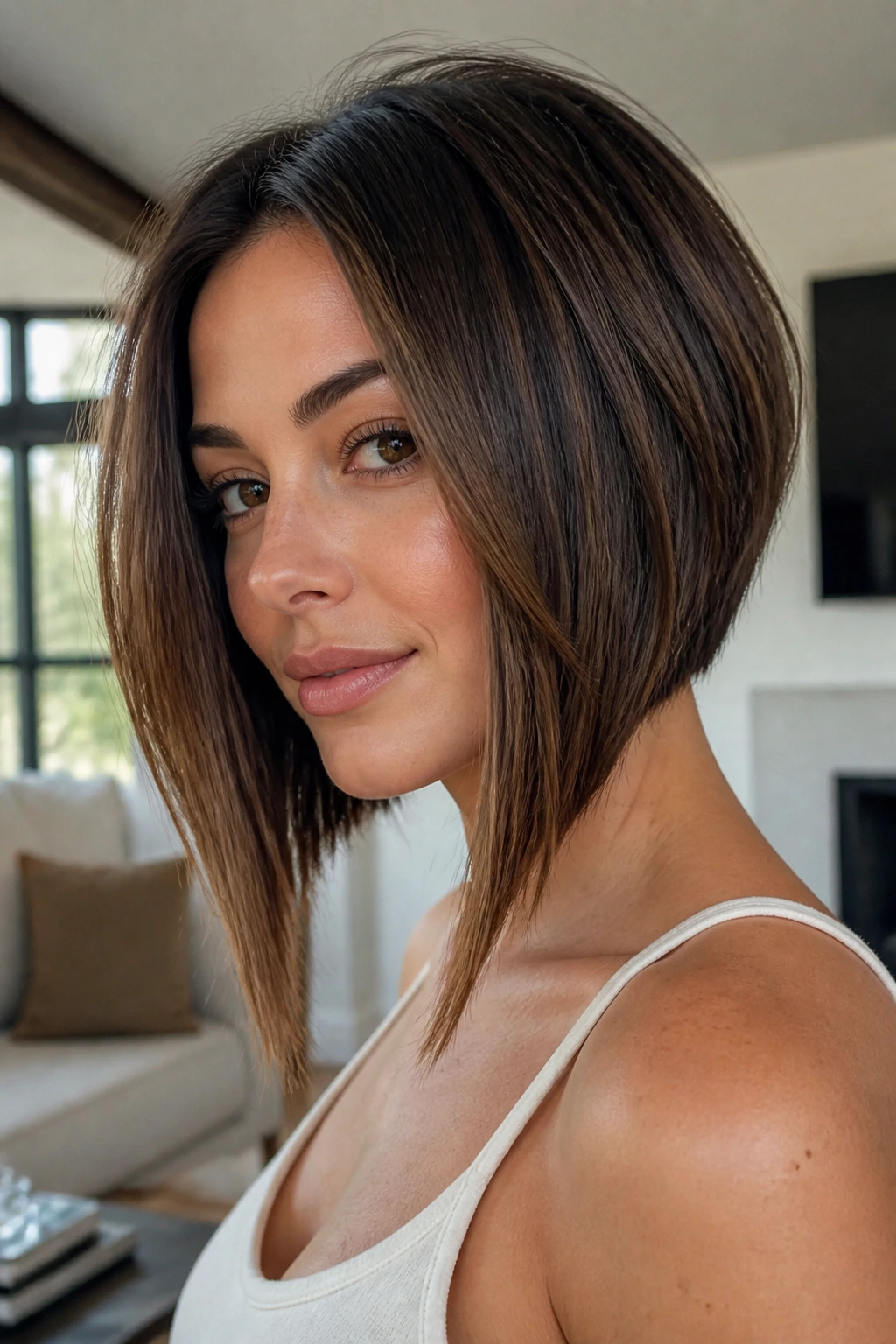 Close-up portrait of a real woman with an angled bob showing longer front pieces
