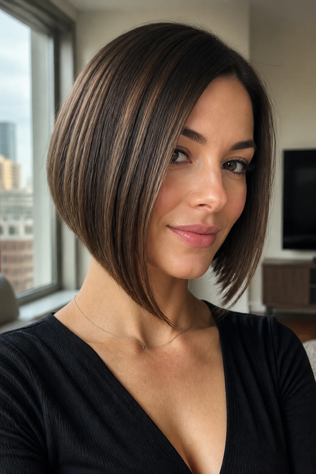 Close-up of real woman with crisp-edge angled bob