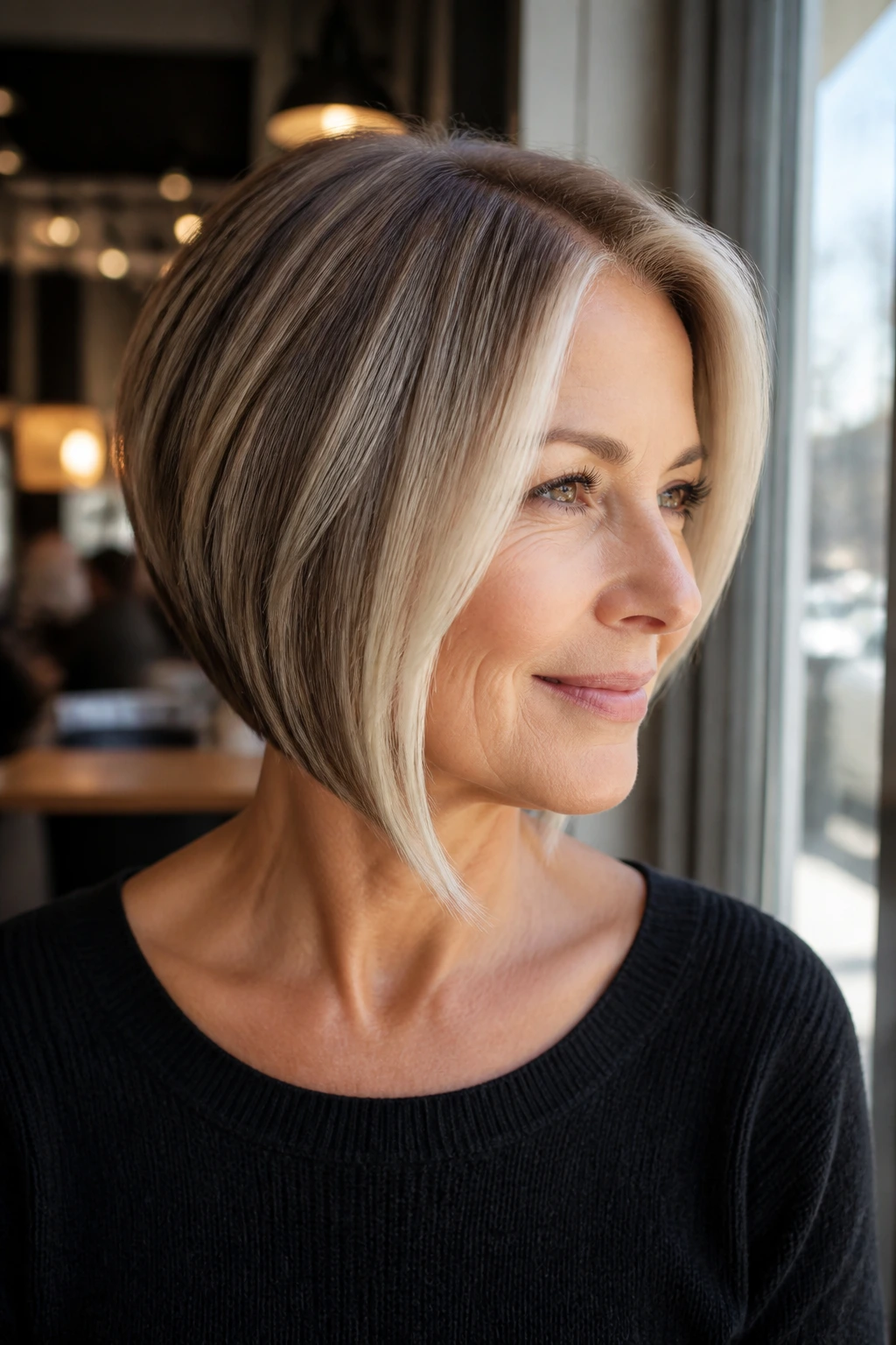 Close-up of a woman with an angled bob and a bright money piece