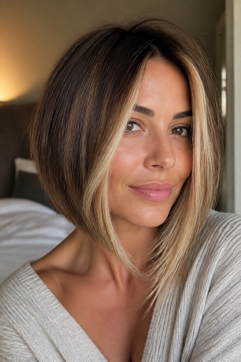 Close-up portrait of a real woman with an angled bob and money-piece highlights