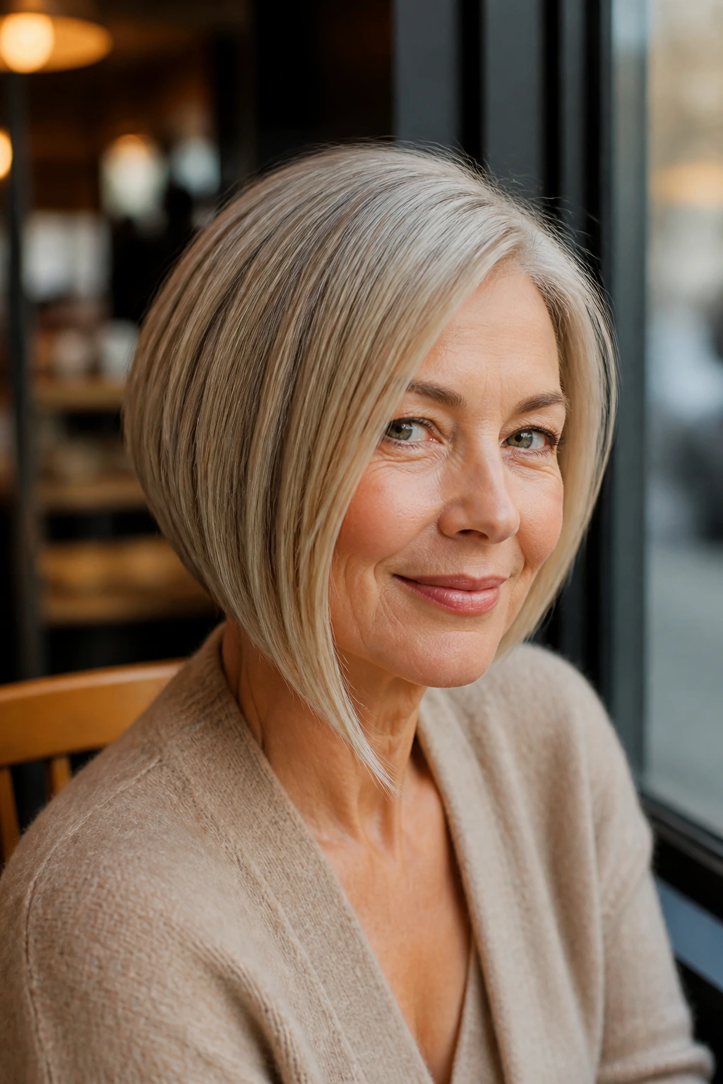 Portrait of a woman with an angled bob and longer front hairstyle