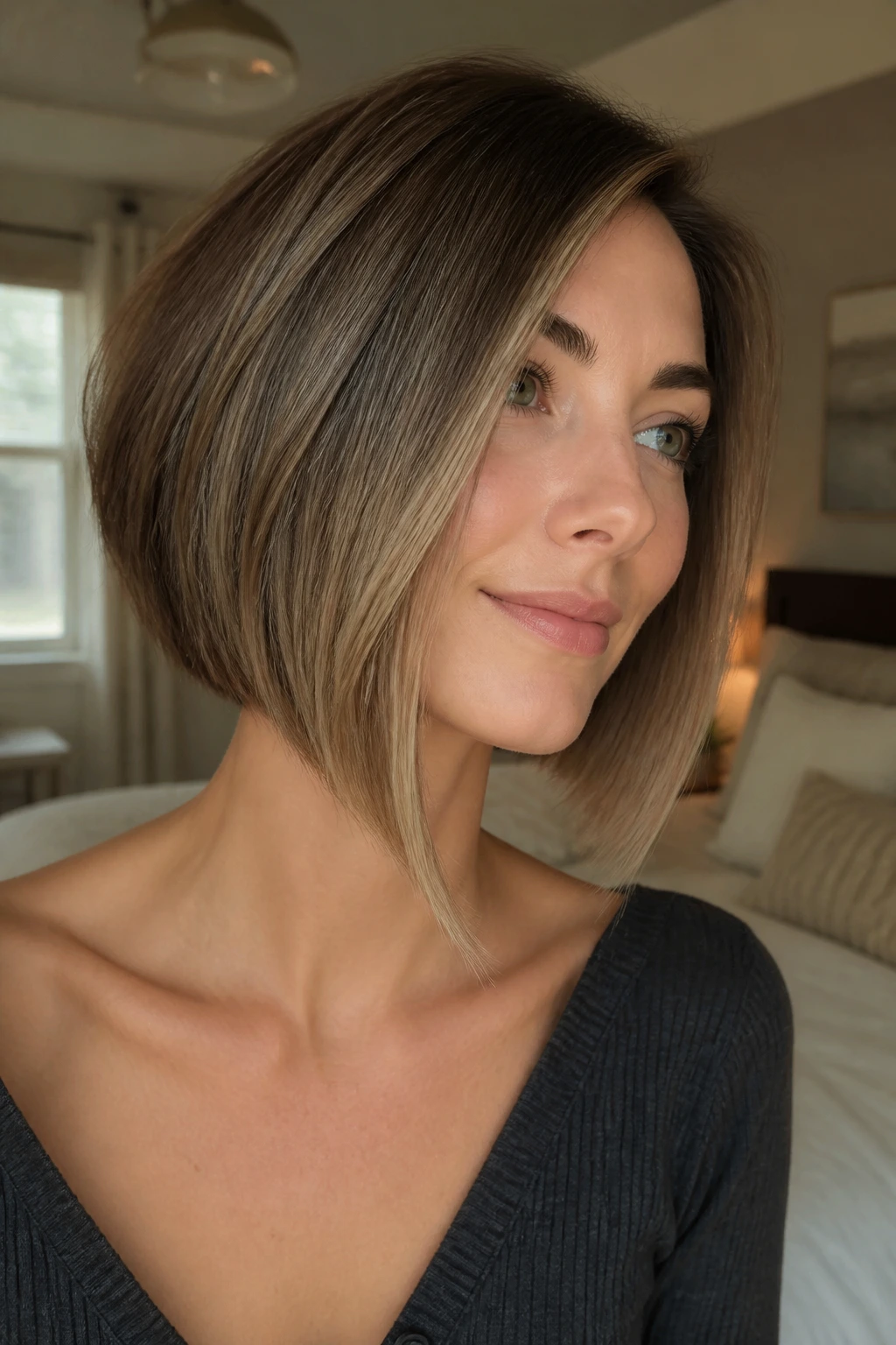 Close-up portrait of a real person with an angled bob haircut featuring longer front panels and a shorter back