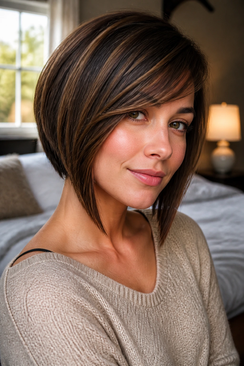 Close-up portrait of a real woman with an angled bob and side-swept bangs, soft window light