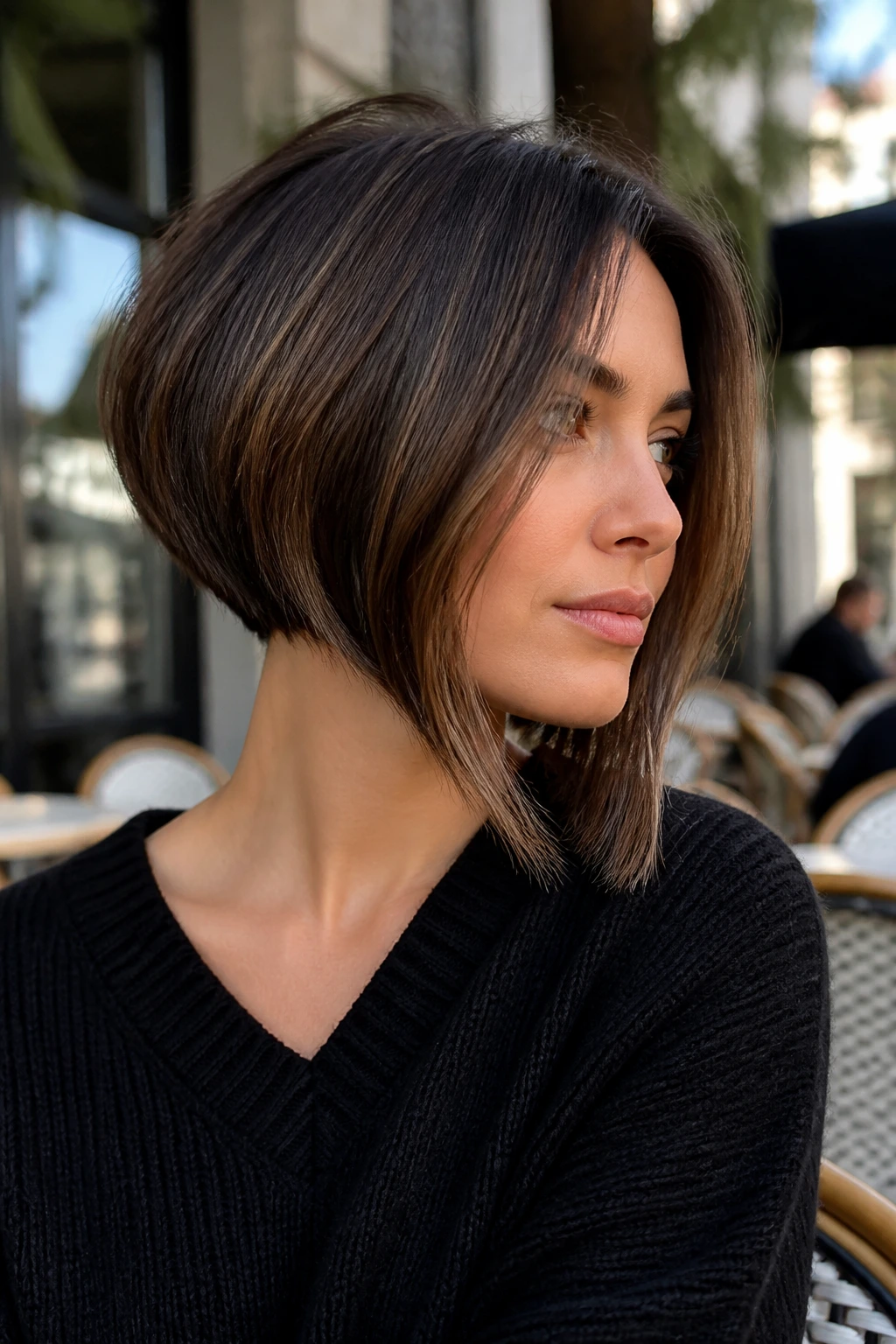 Real person with angled bob showing shorter back and longer front