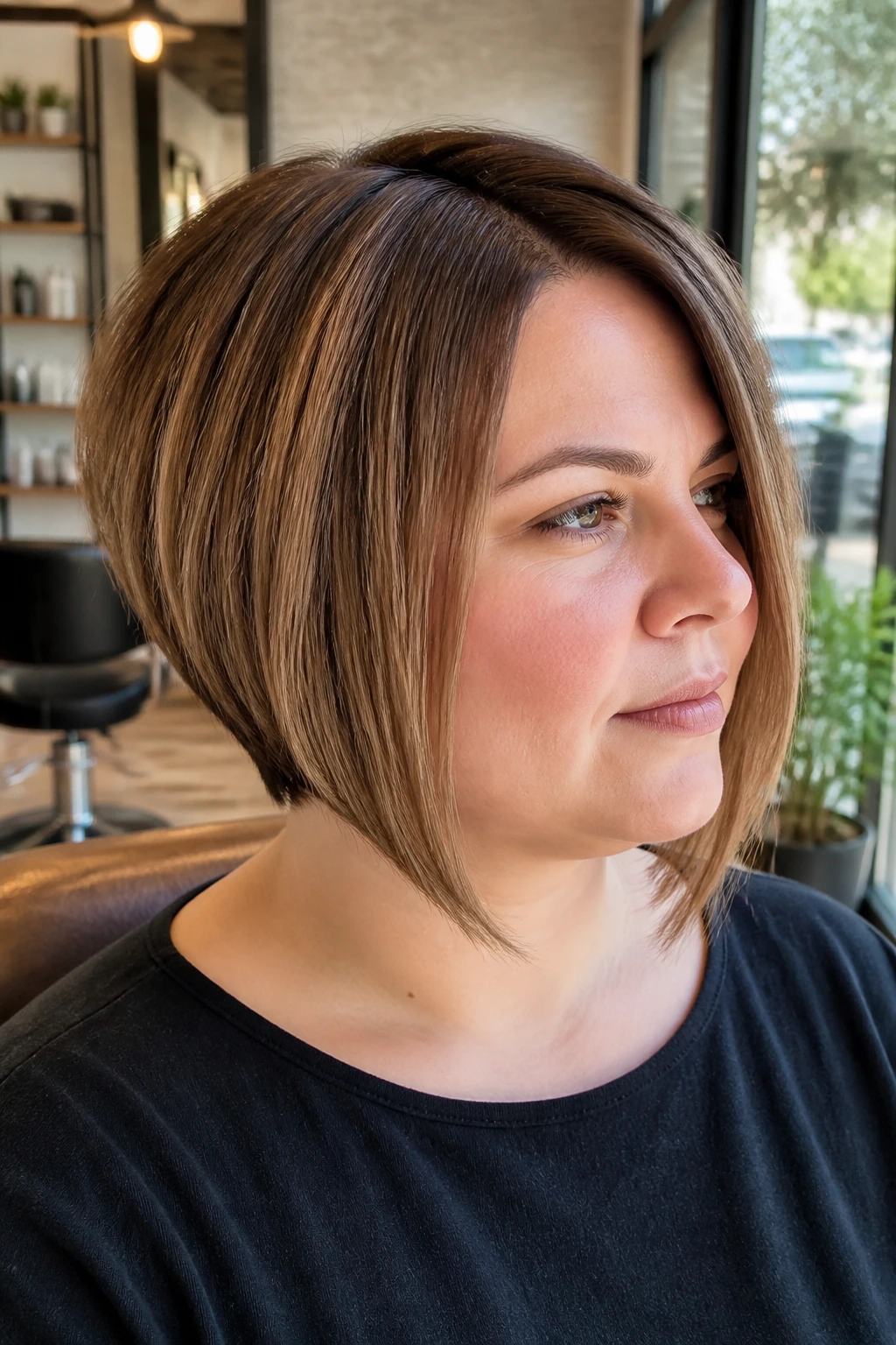 Close-up portrait of a real woman with an angled A-line bob in a sunlit salon