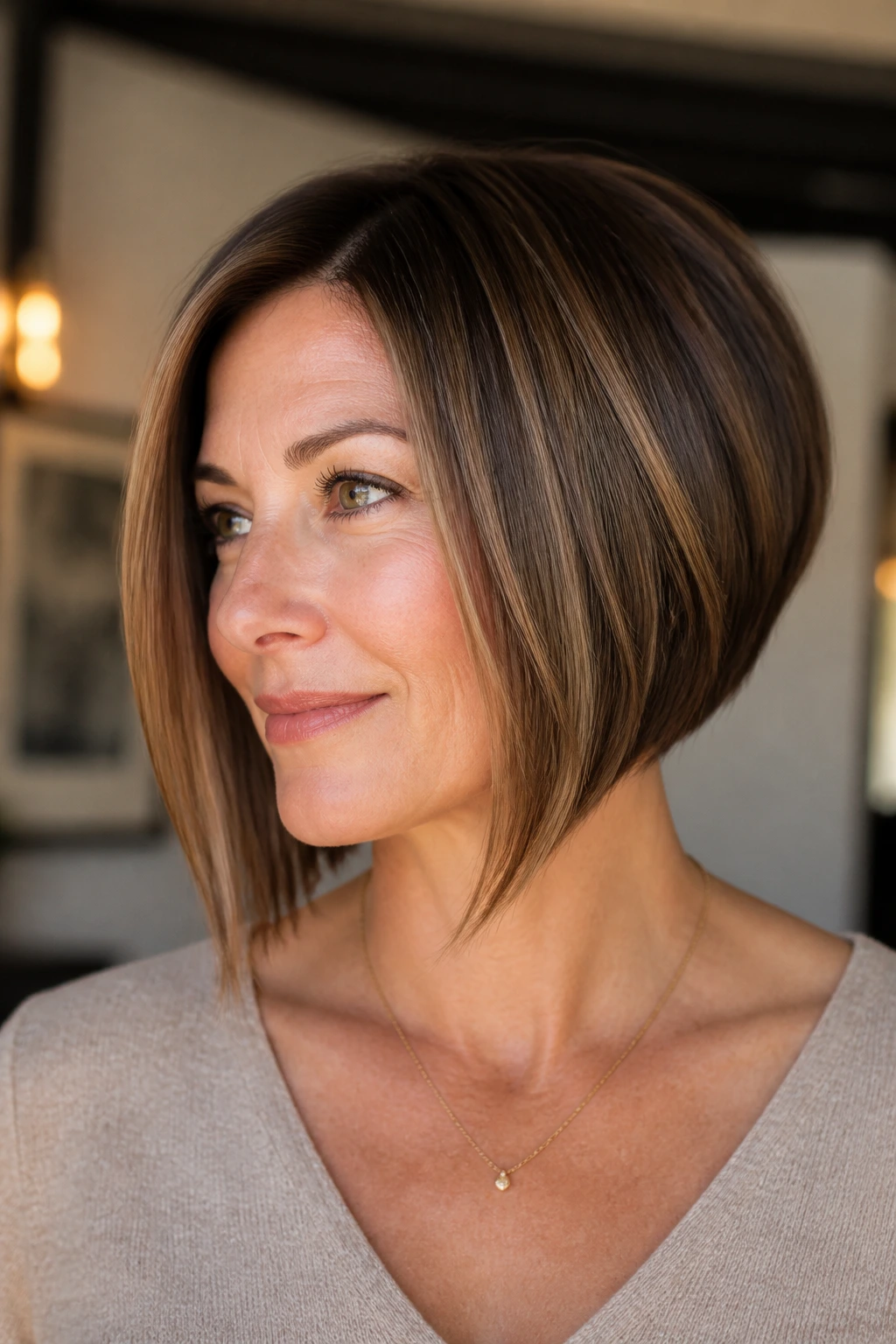 Close-up portrait of a real woman with an angled bob and longer front corners.