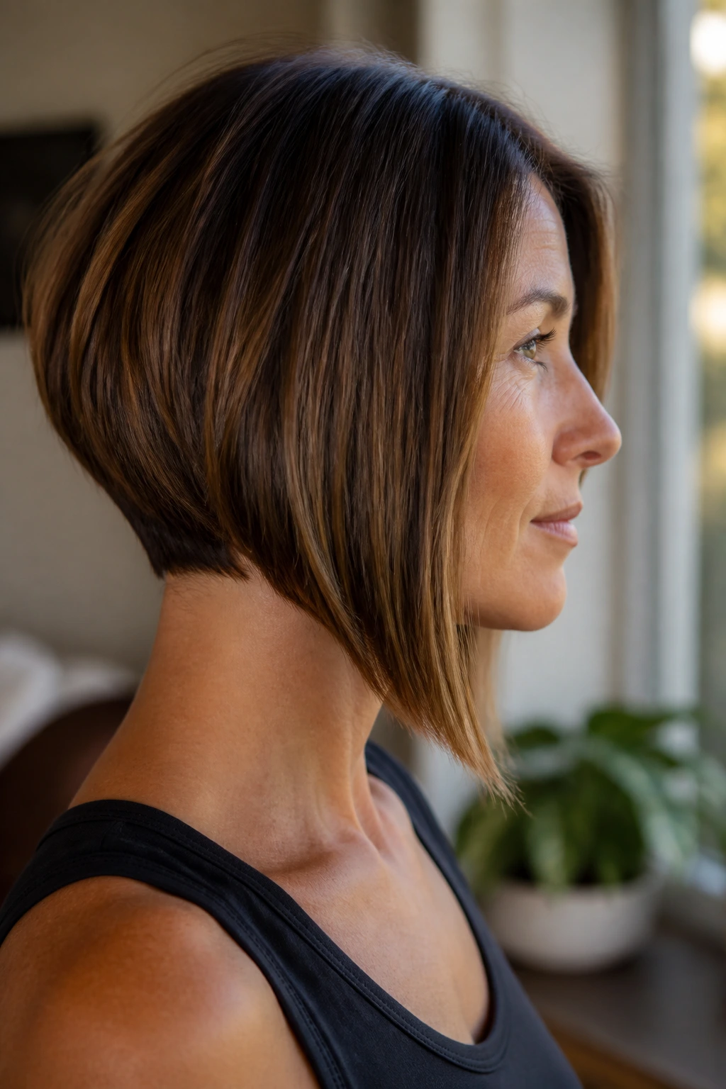 Side-profile of real hair with angled bob showing diagonal line