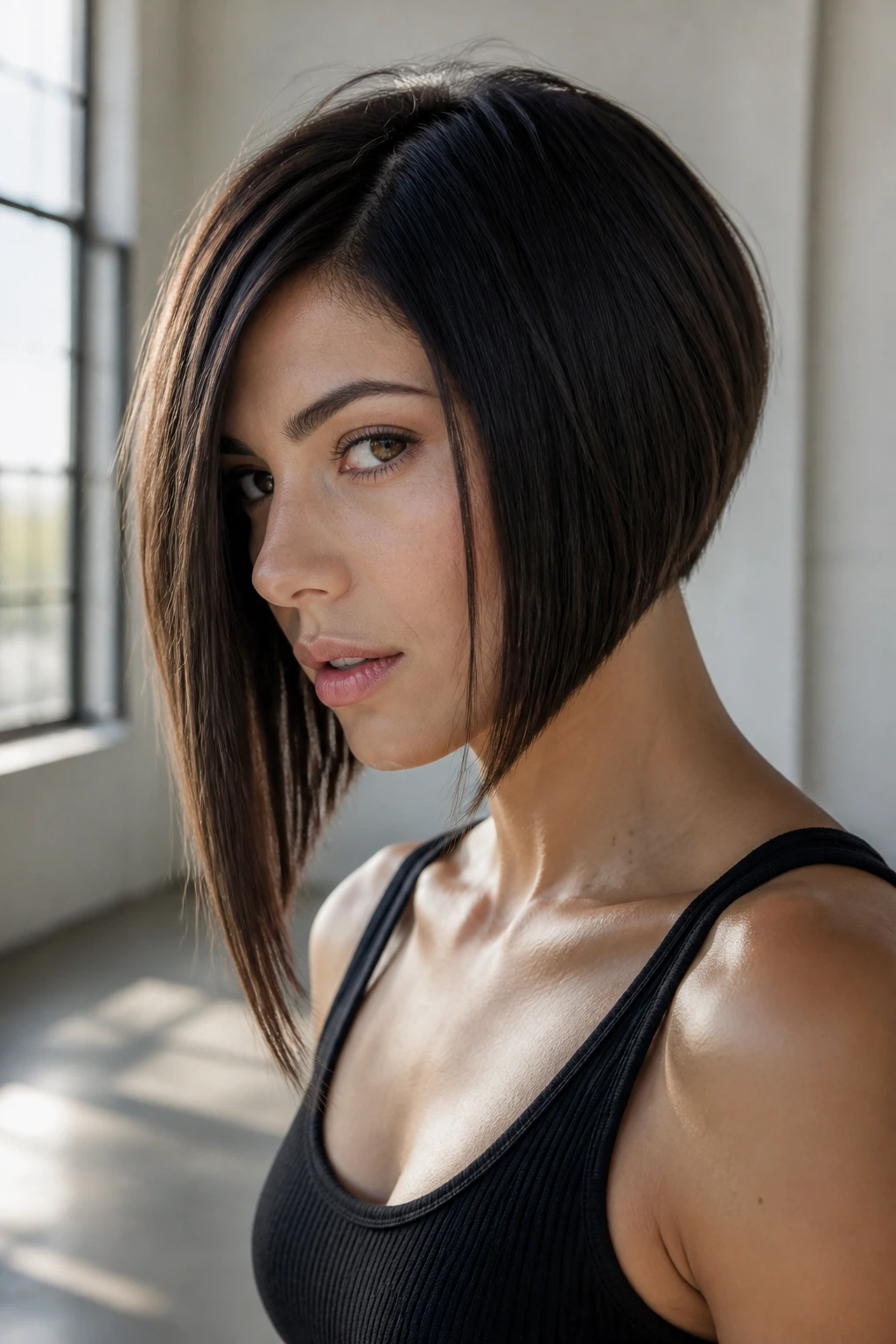 Close-up of a real woman with an angled bob and a sharp front line in a sunny loft.