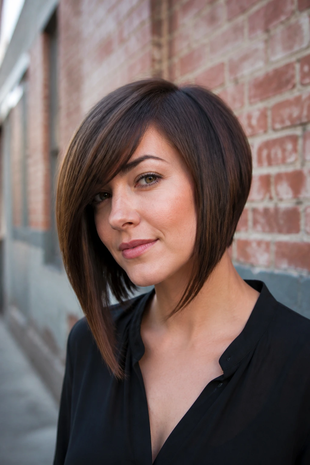 Portrait of a woman with an angled bob and long side-swept fringe.