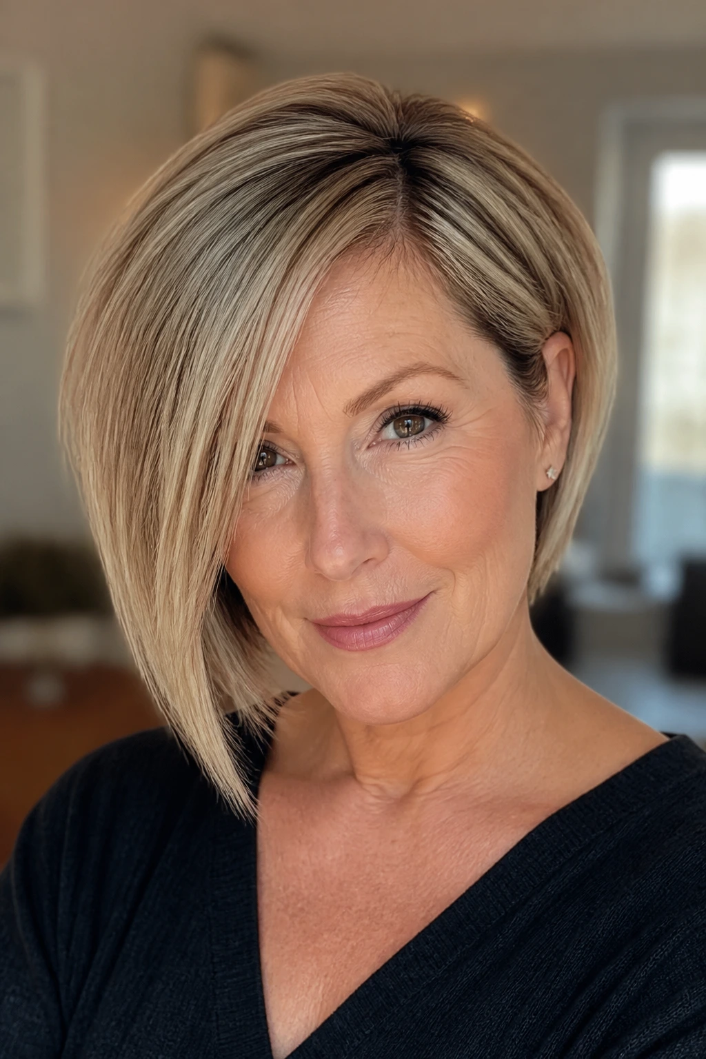Close-up of a real woman with deep side part angled bob under warm window light