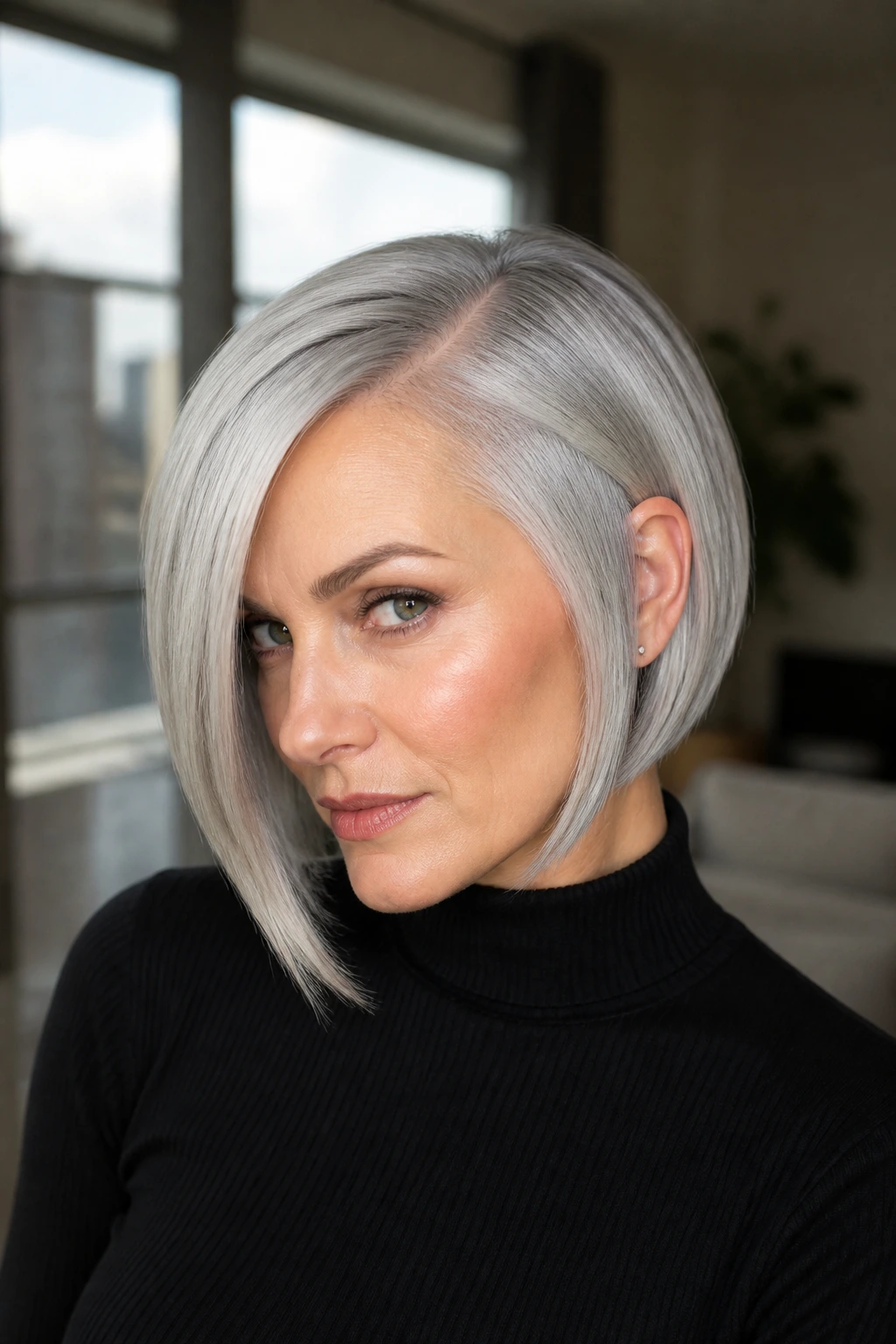 Portrait of a woman with an angled bob and sleek side part