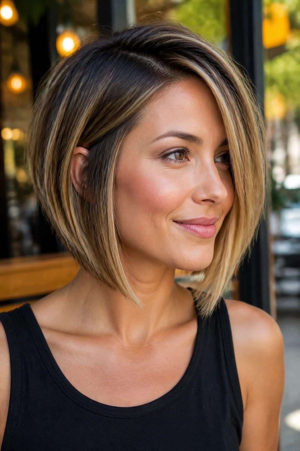 Portrait of a woman with an angled bob and longer front pieces in urban light