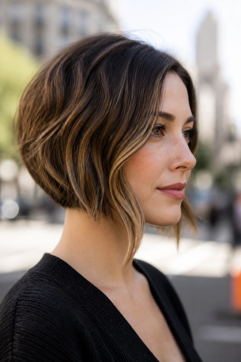 Portrait of a person with an angled bob and soft bend.