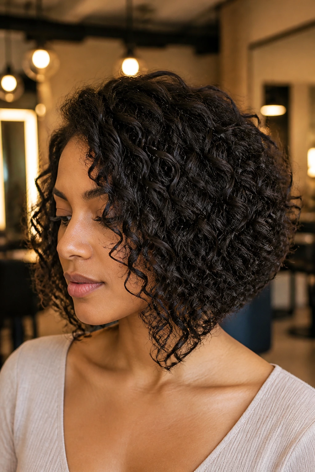 Close-up portrait of a real Black woman with angled bob and soft front drop