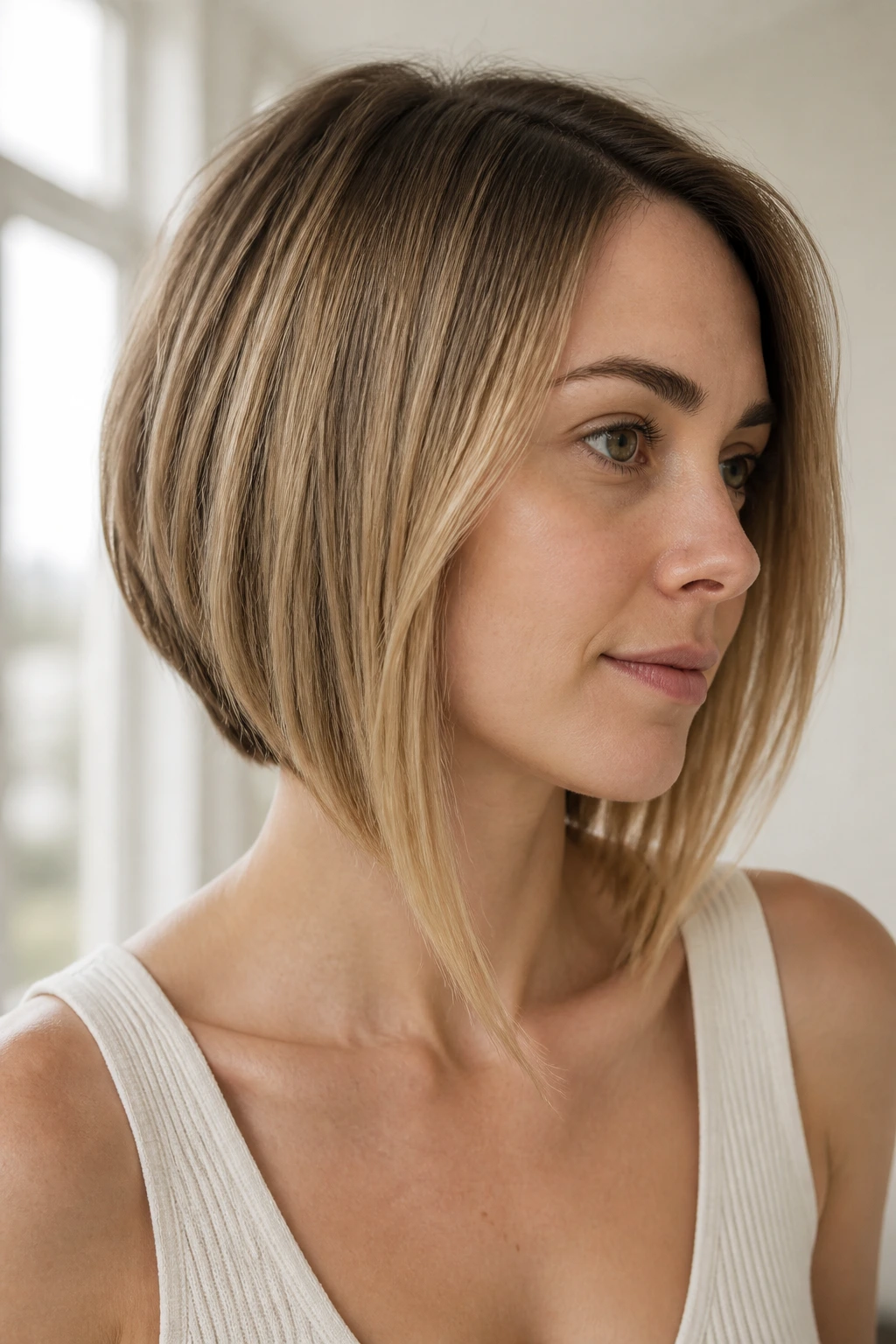 Portrait of a real woman with a styled angled bob