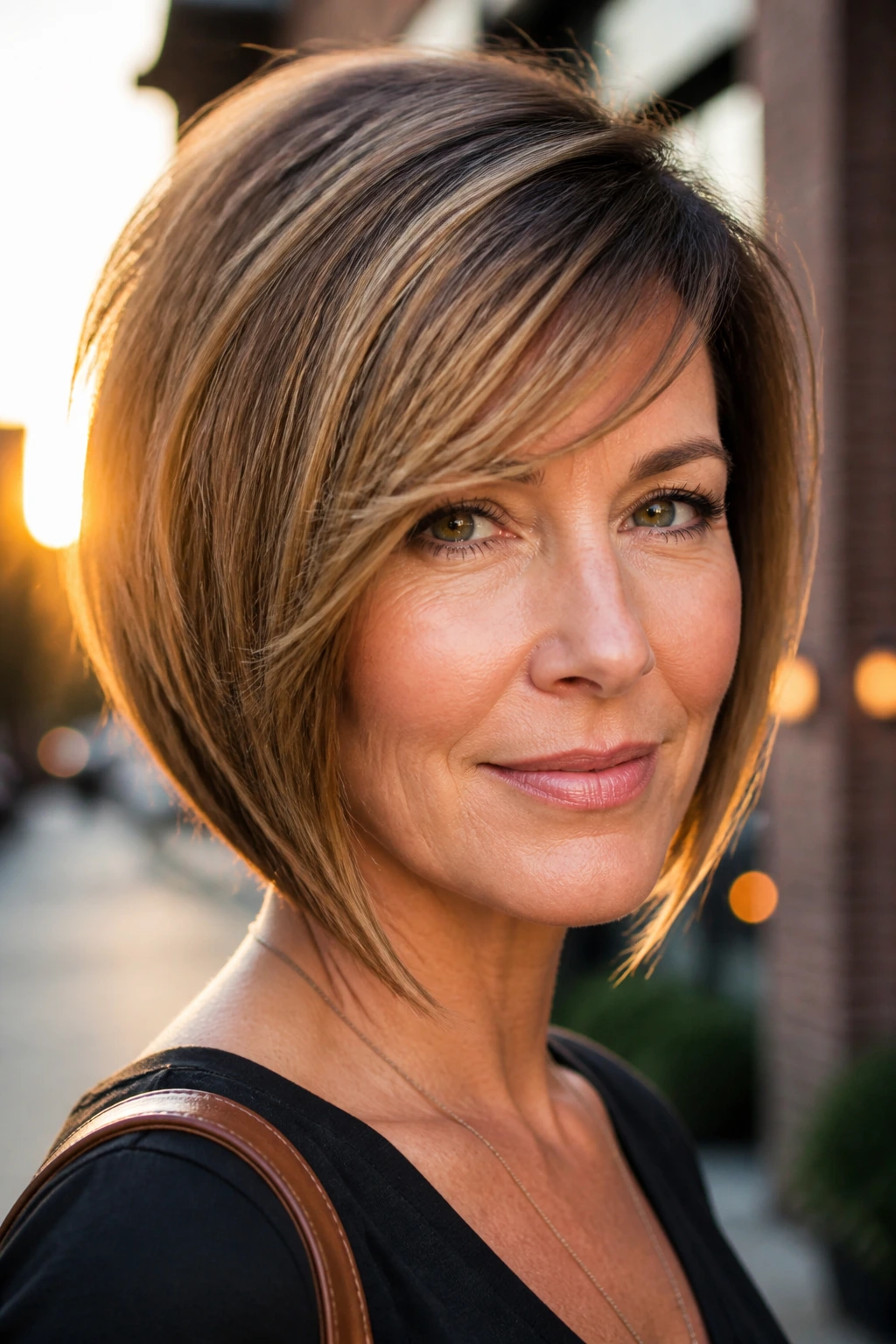 Real woman with angled bob and swooping fringe on street at golden hour