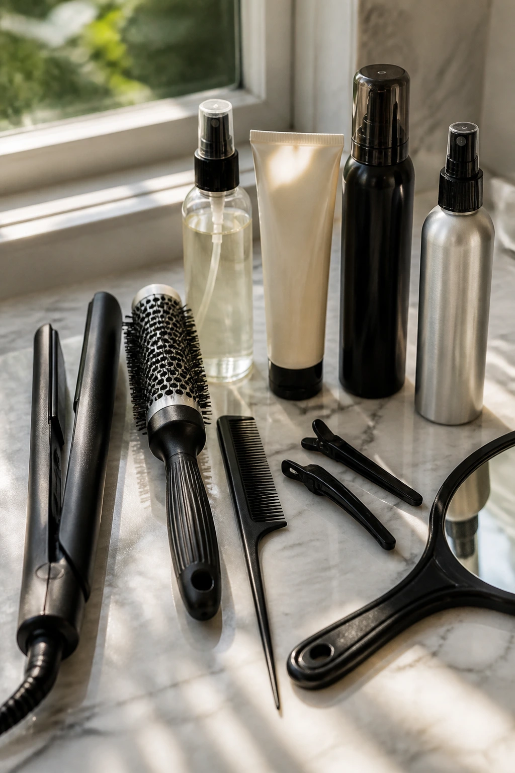 Close-up of essential hair tools and products arranged on a bathroom counter for angled bob maintenance.