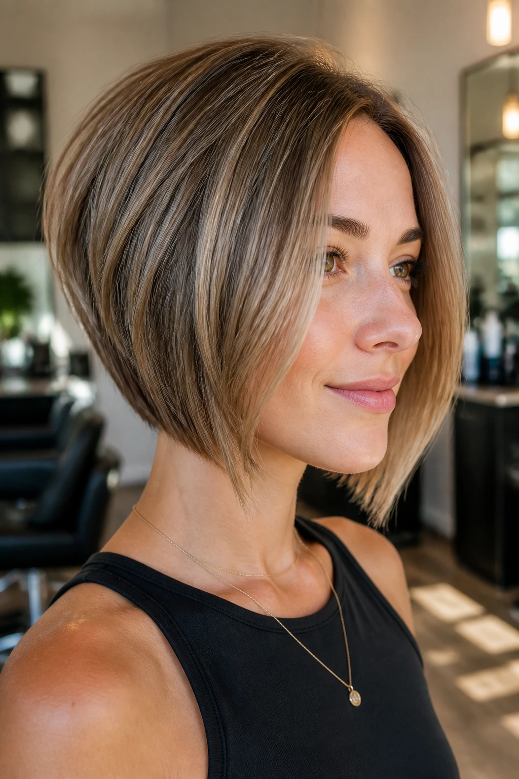Close-up of a real woman with an angled bob and subtle razor-soft underlayer in sunlit salon light.