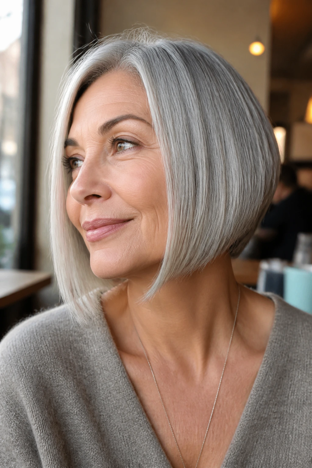 Close-up portrait of a real woman with angled chin-length bob.