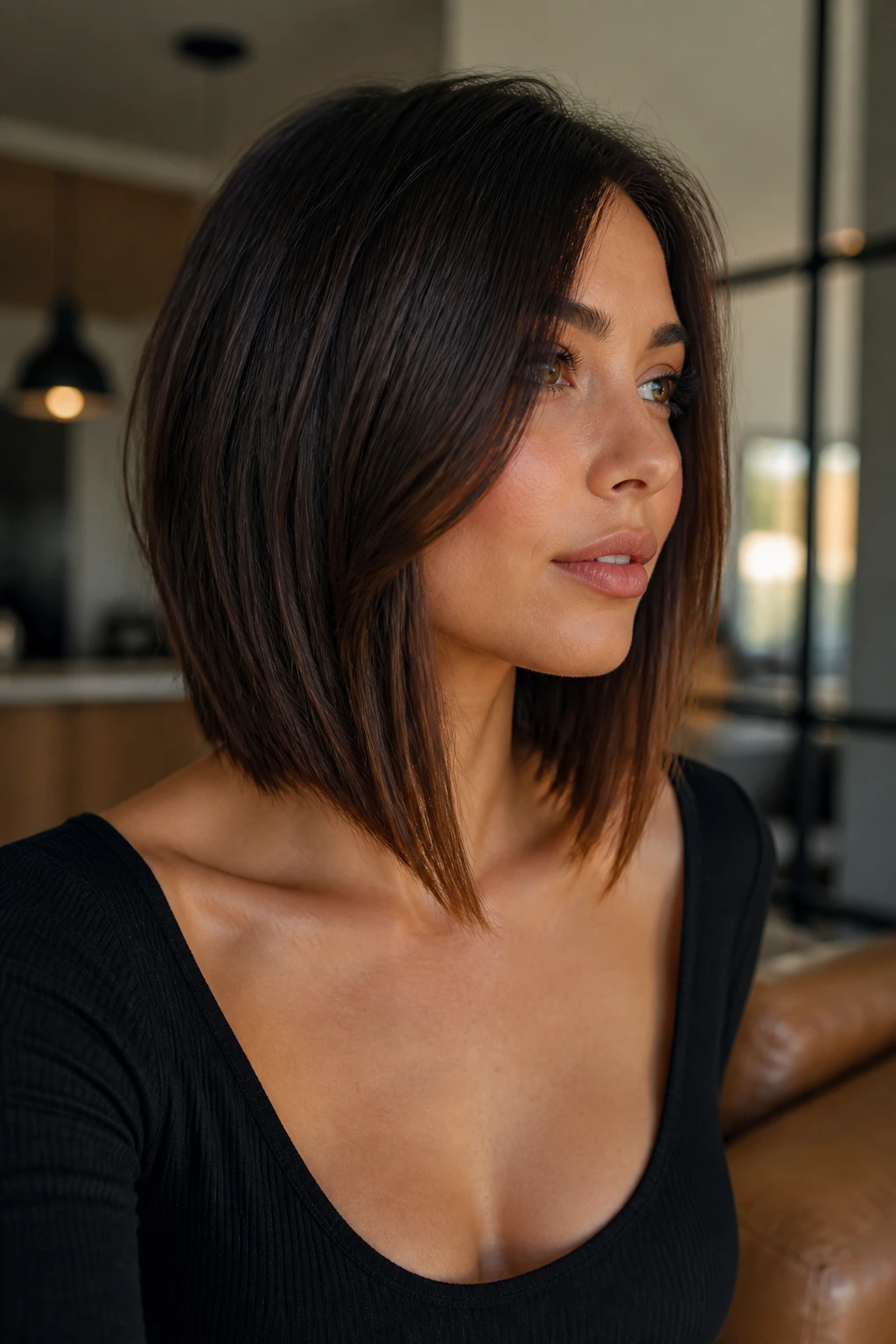 Portrait of a real woman with angled collarbone-length lob showing diagonal line