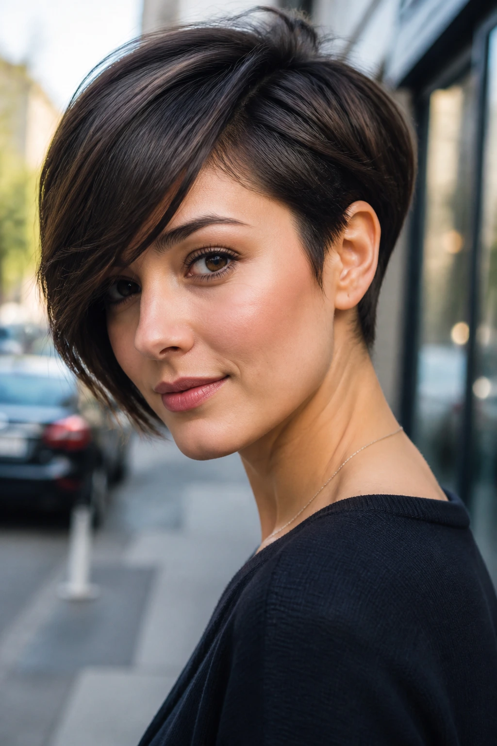 Close-up of angled crop with short nape on a real person