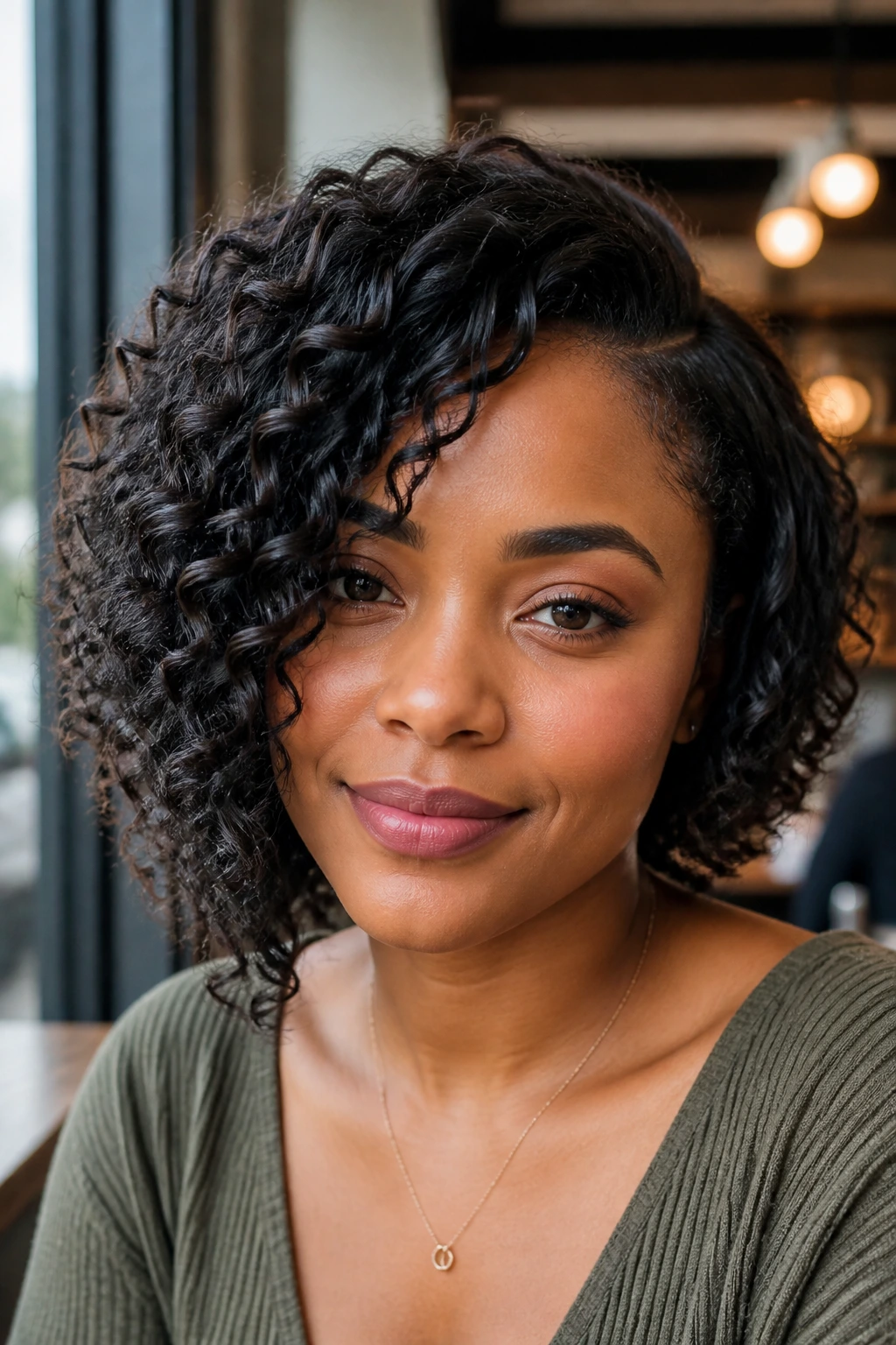 Close-up portrait of real woman with angled curly bob.