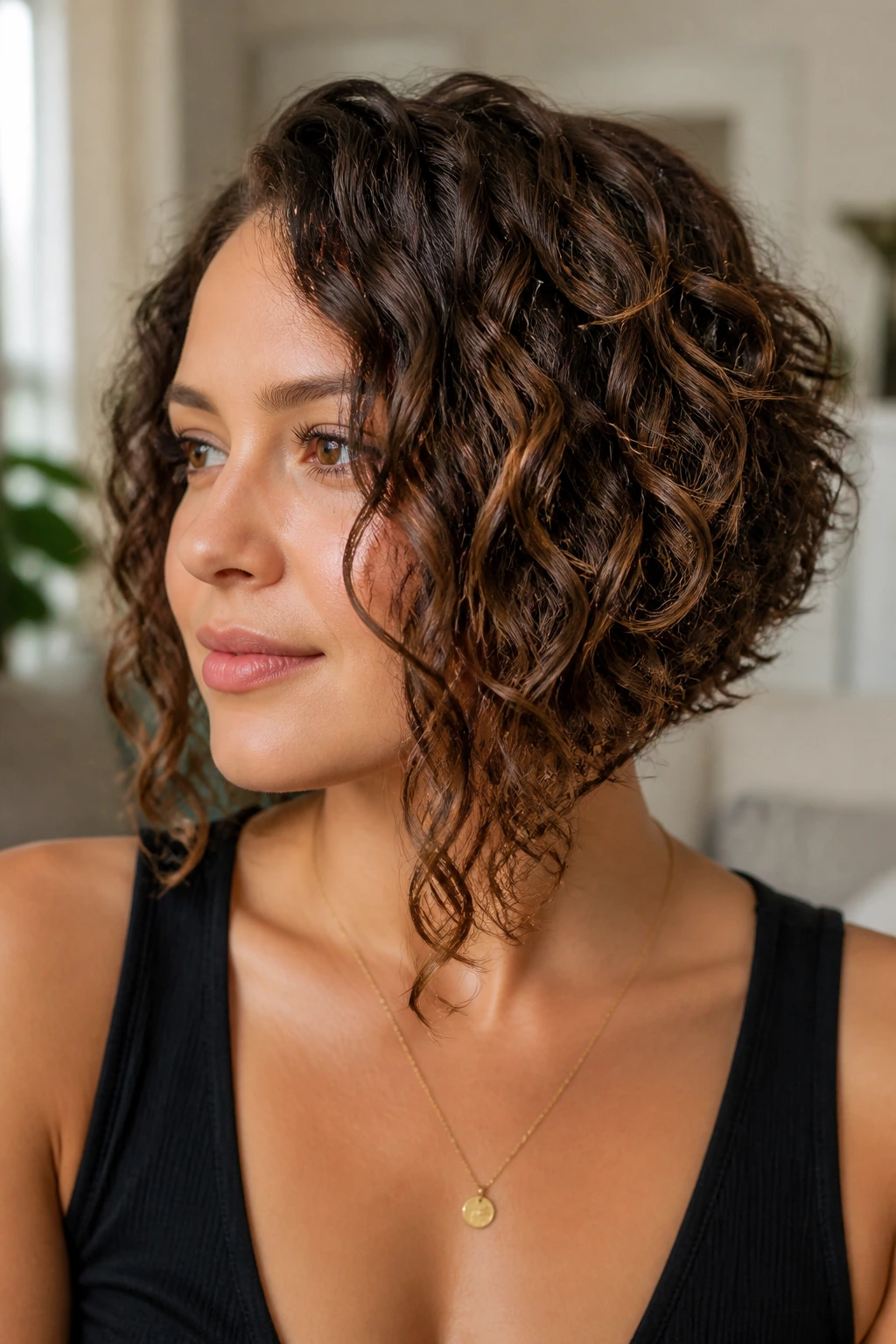 Close-up of a real woman with angled curly bob and longer front curls in warm window light