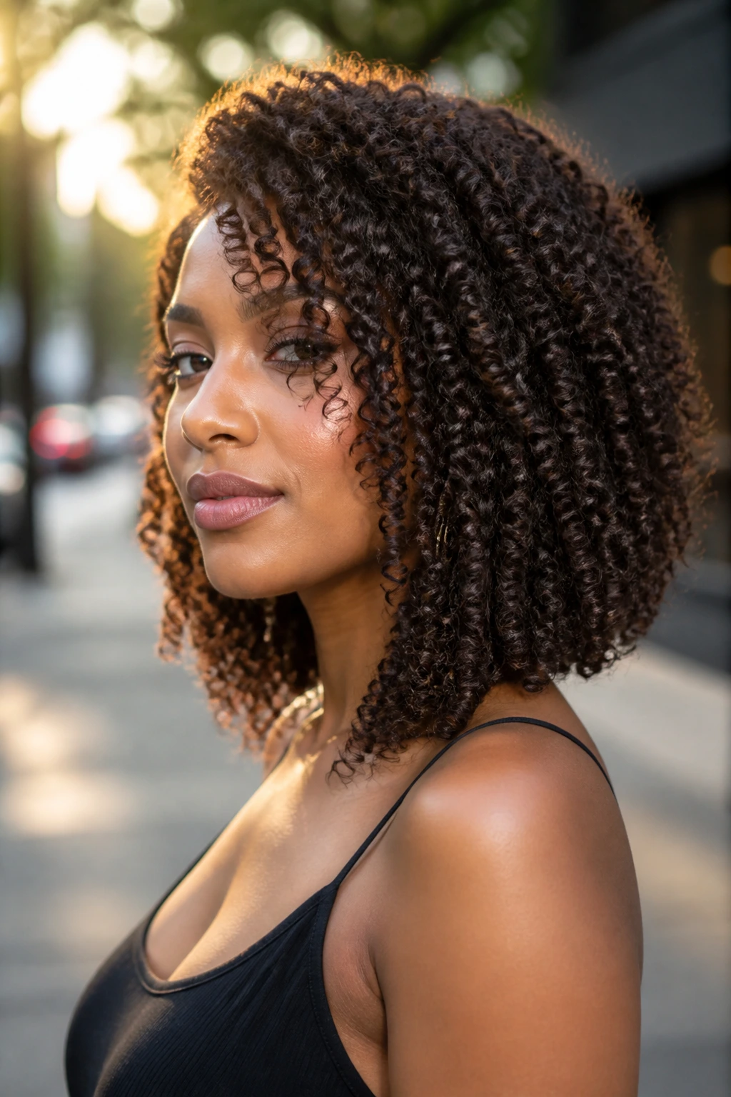 Real person with angled curly lob showing front longer than back