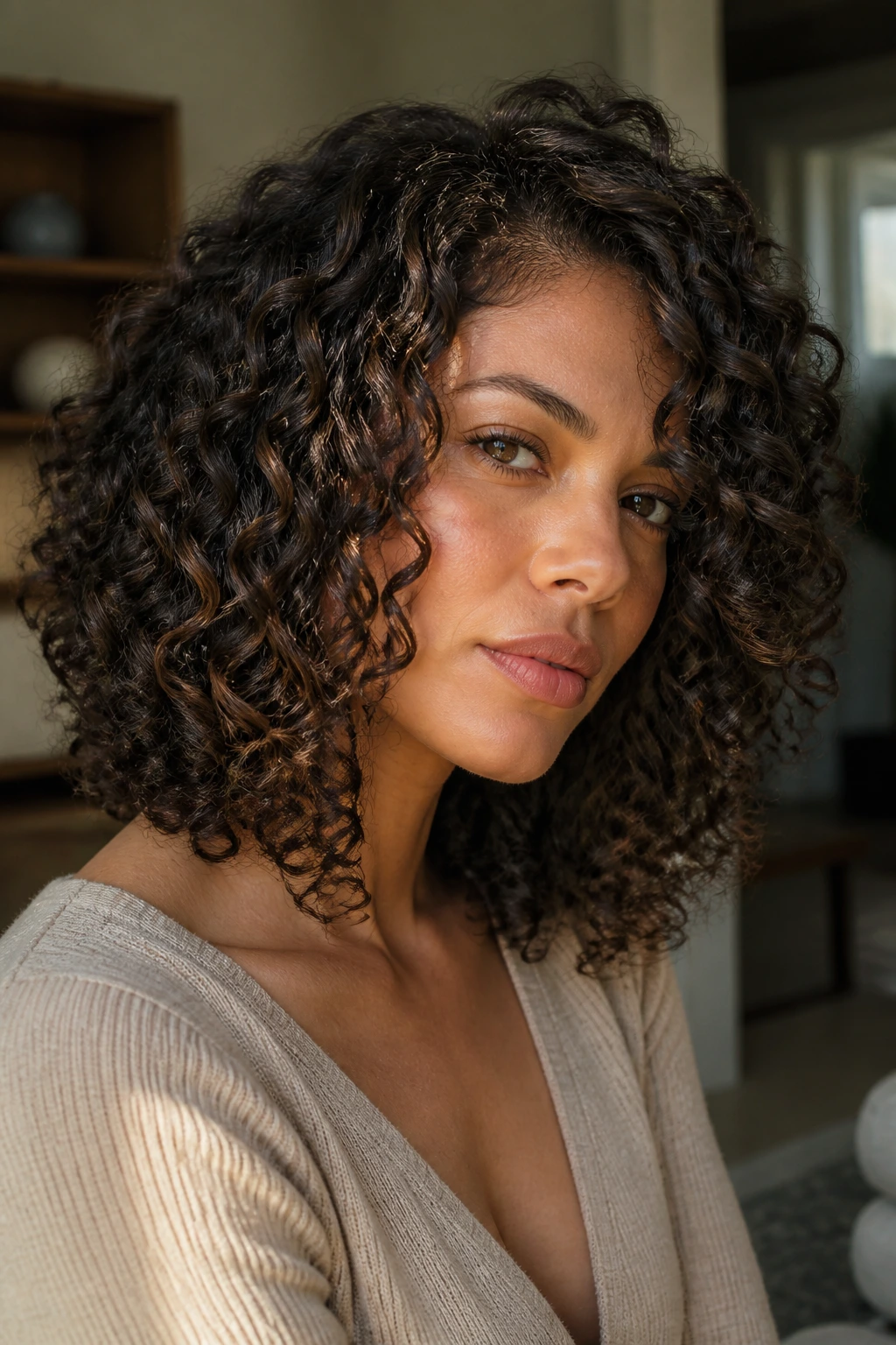 Portrait of a real woman with an angled curly lob leaning toward the face