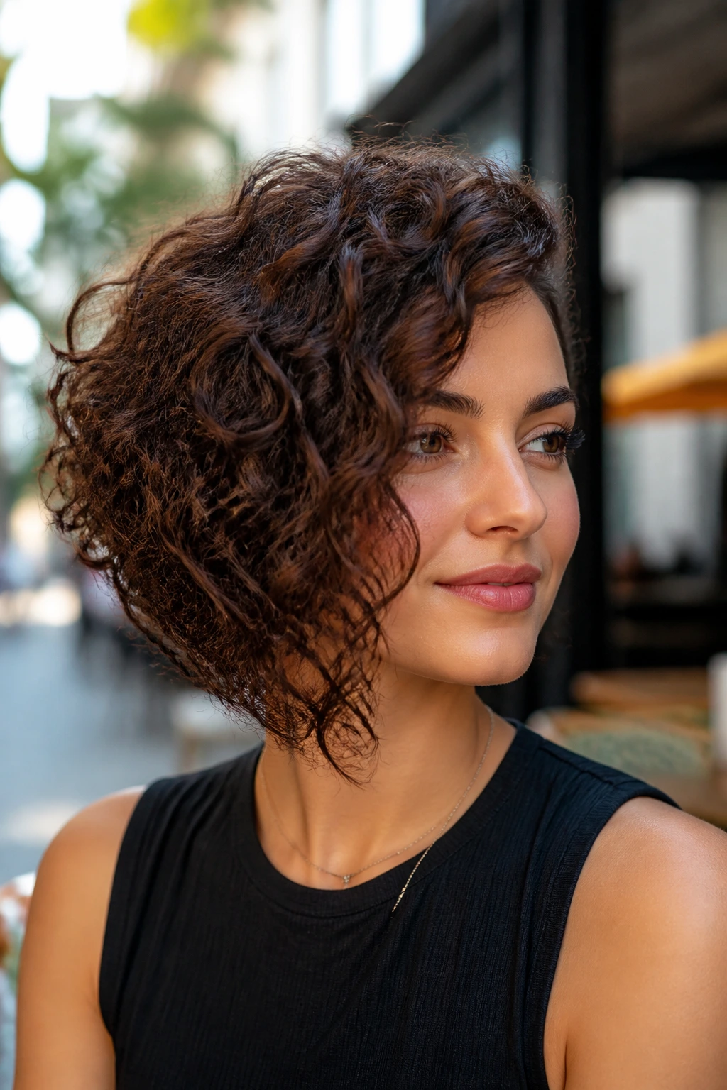 Close-up of real person with angled curly lob and shorter back
