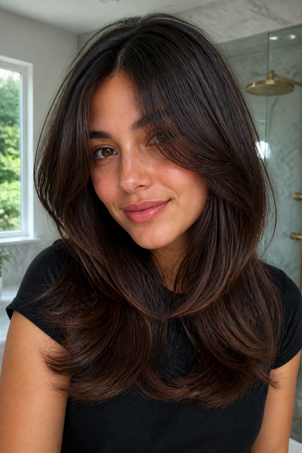 Close-up of a real woman with an angled thick hair front frame