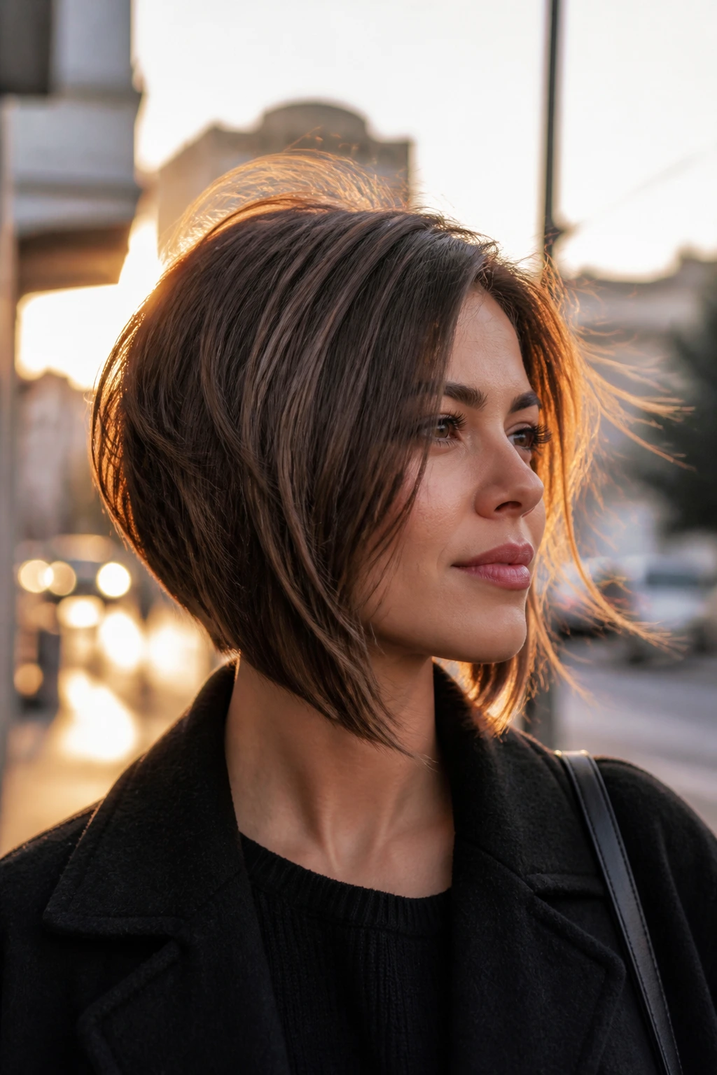 Portrait of a woman with angled feathered A-line bob